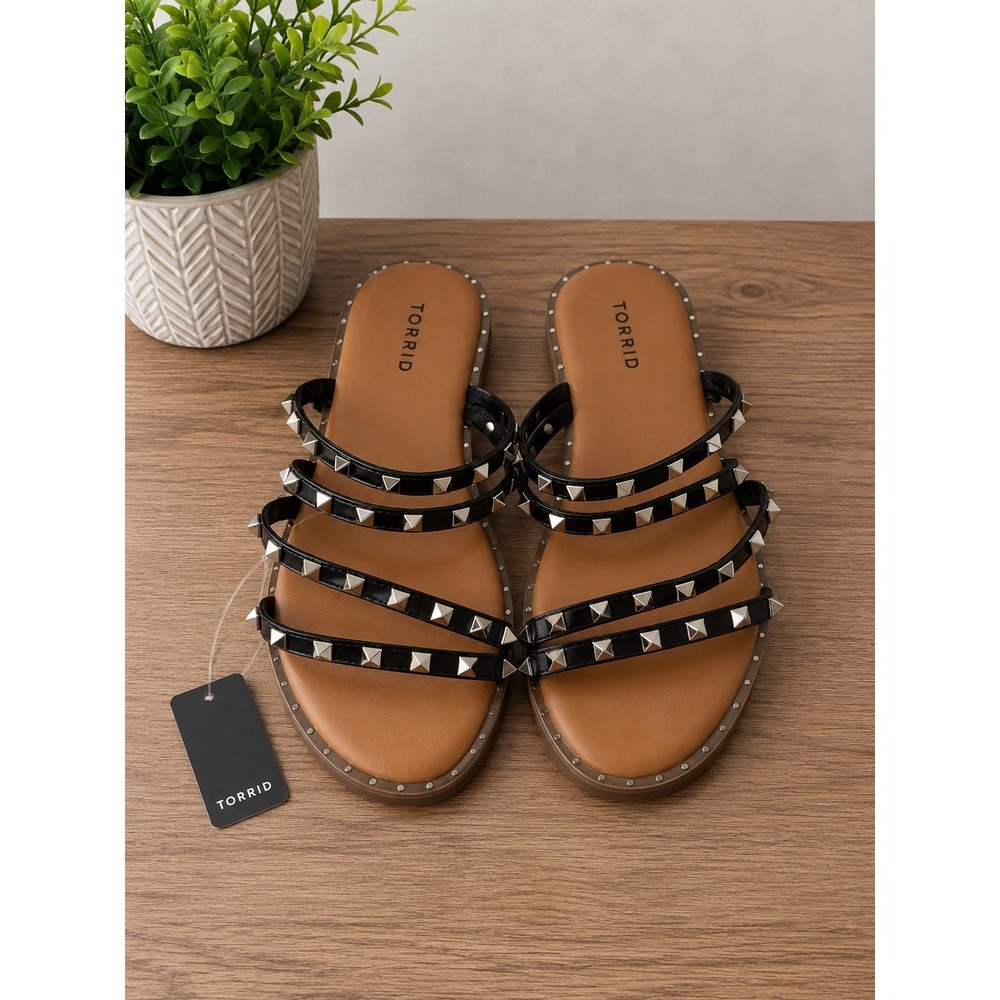 Torrid Studded Welt Slide Sandals Black Silver Pyramid Stud Strappy Flat 9WW